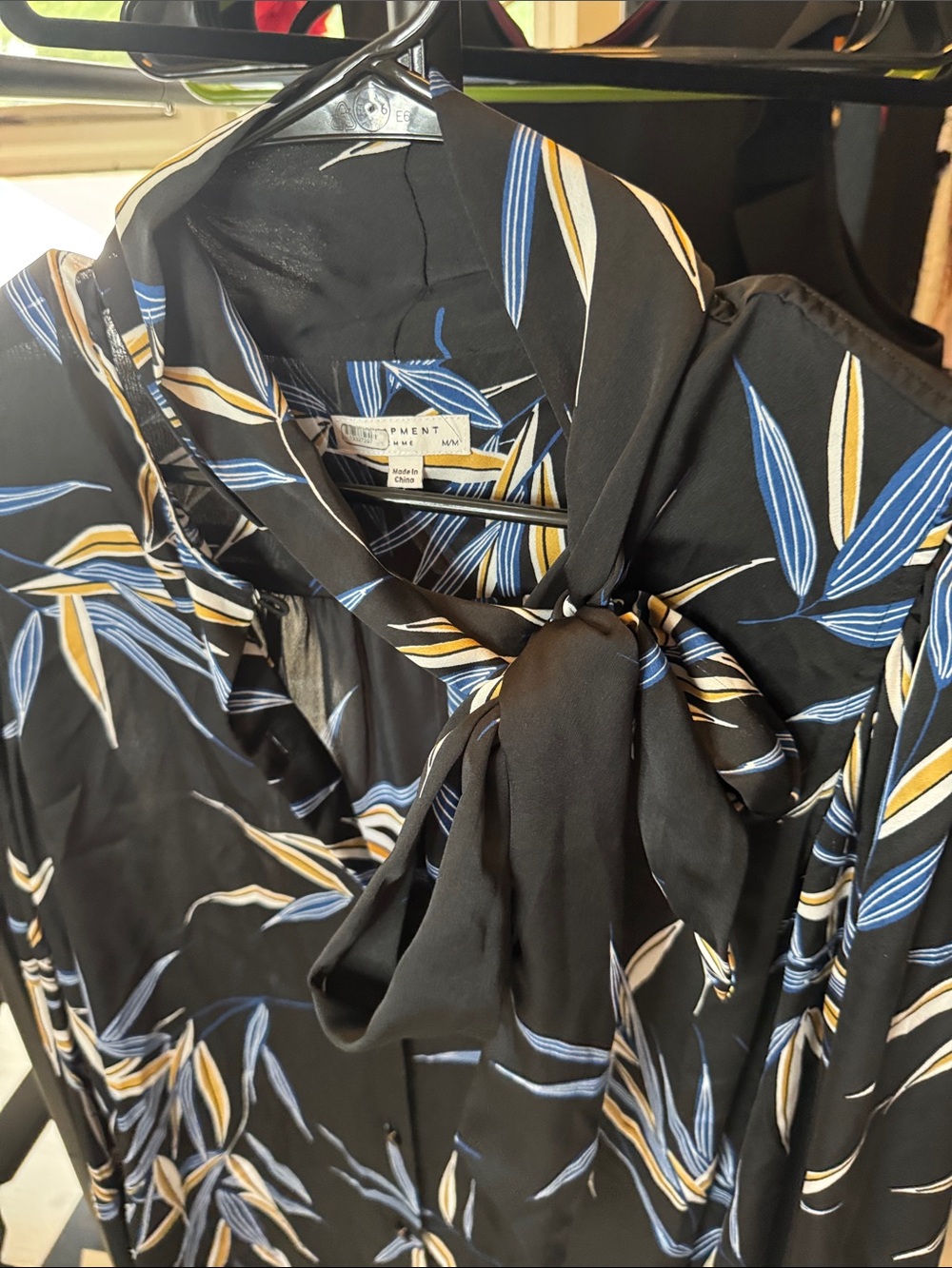 Equipment Blouse with Blue and Gold Leaf Print